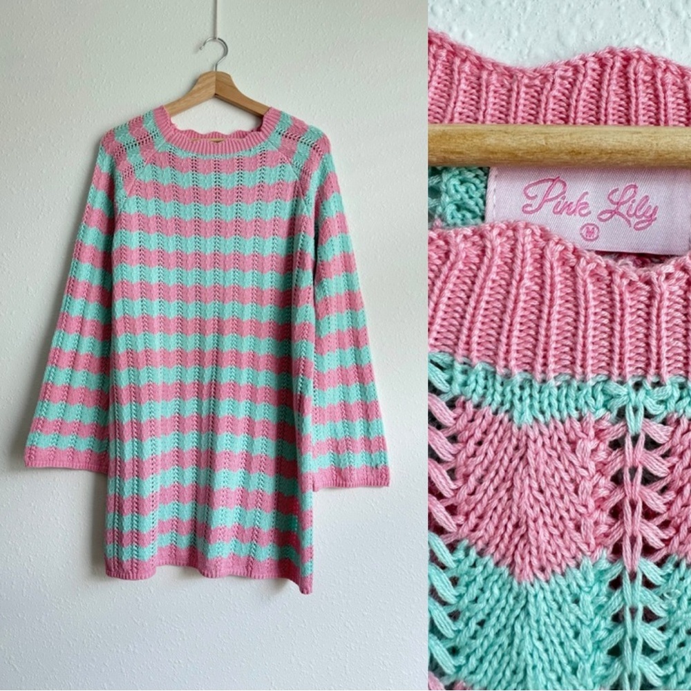 Pink Lily Knit Sweater Dress Pink Mint Striped Weave Pullover Medium Crochet - Picture 1 of 6